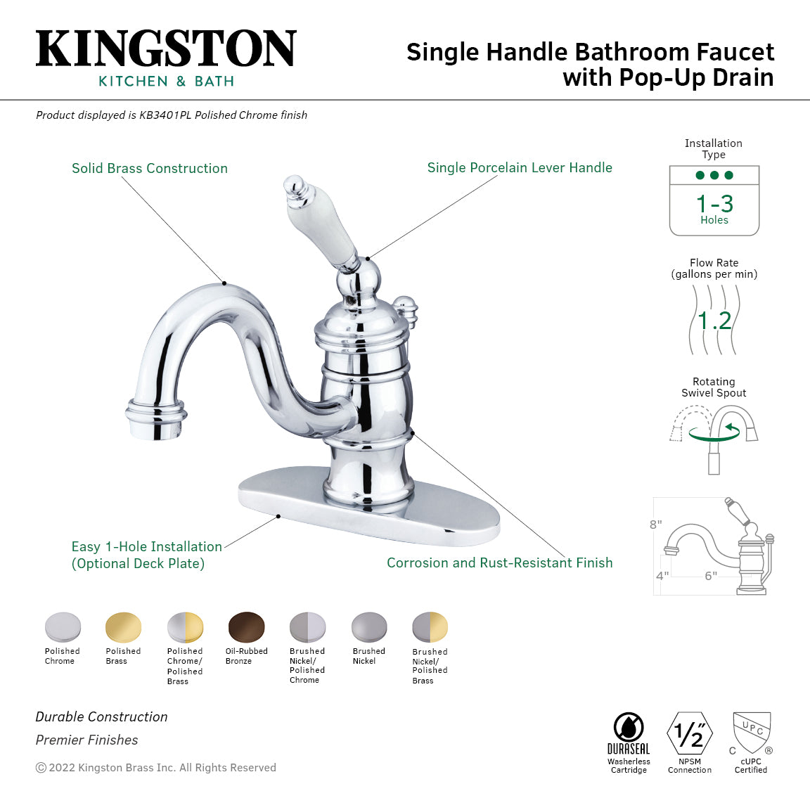 Kingston Heirloom KB3402PL - Victorian One-Handle 1-Hole Bathroom Faucet with Deck Plate and Pop-Up Drain, Polished Brass — thumbnail 2